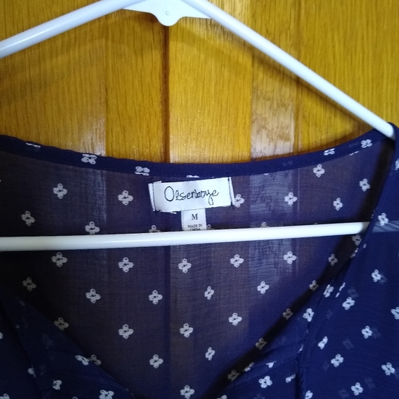 Olsenboye blue patterned flowy chiffon boho short sleeve peasant top - Picture 5 of 7